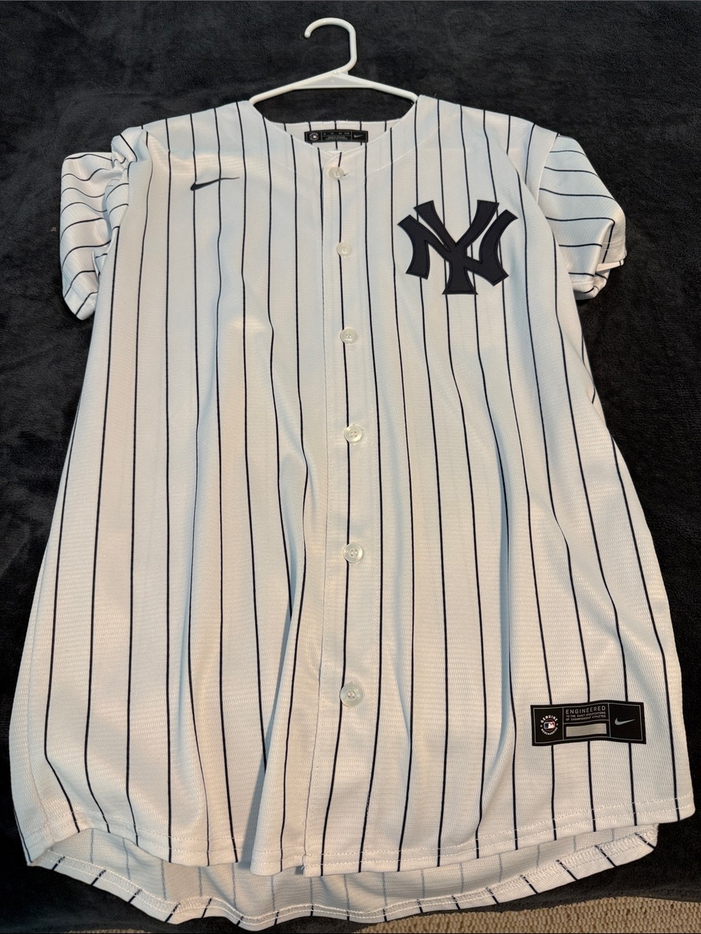 Nike White and Navy Pinstripe Yankees Kids Baseball Jersey